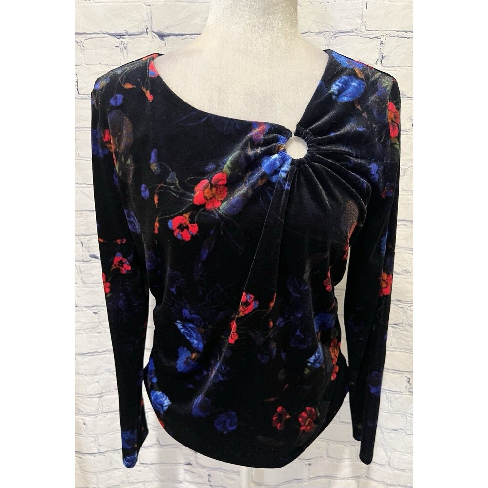 INC Women's Printed Asymmetrical-Neck Velour Top Created for Macy's Black Size M